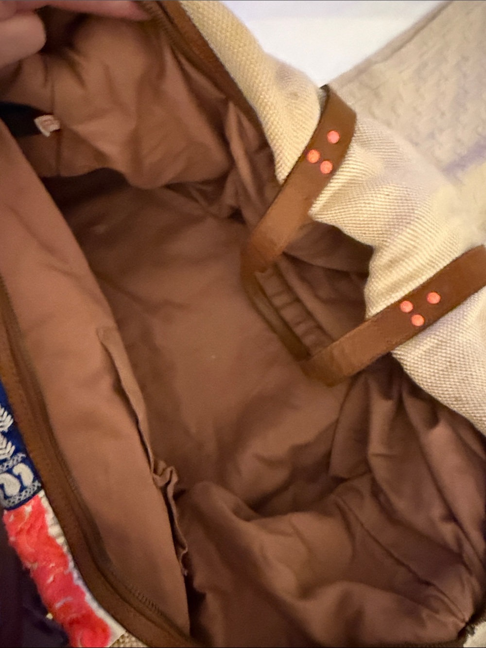 Anthropologie weekender with Coral and Blue Pattern and Brown Leather Straps - Picture 4 of 4